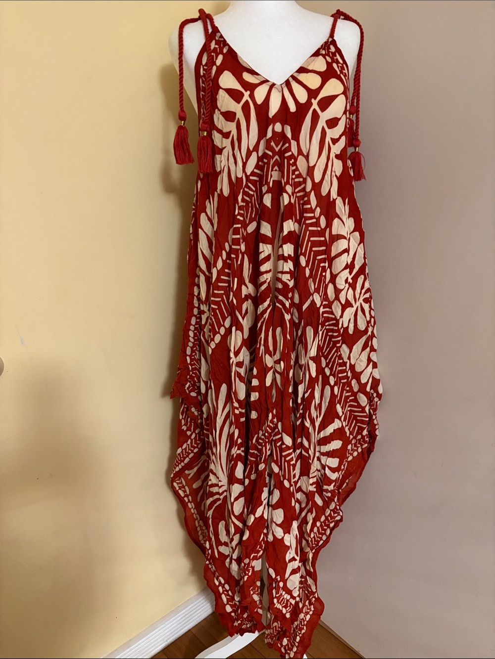 Red and Cream Maxi Sundress with Tassel Straps Sz OS